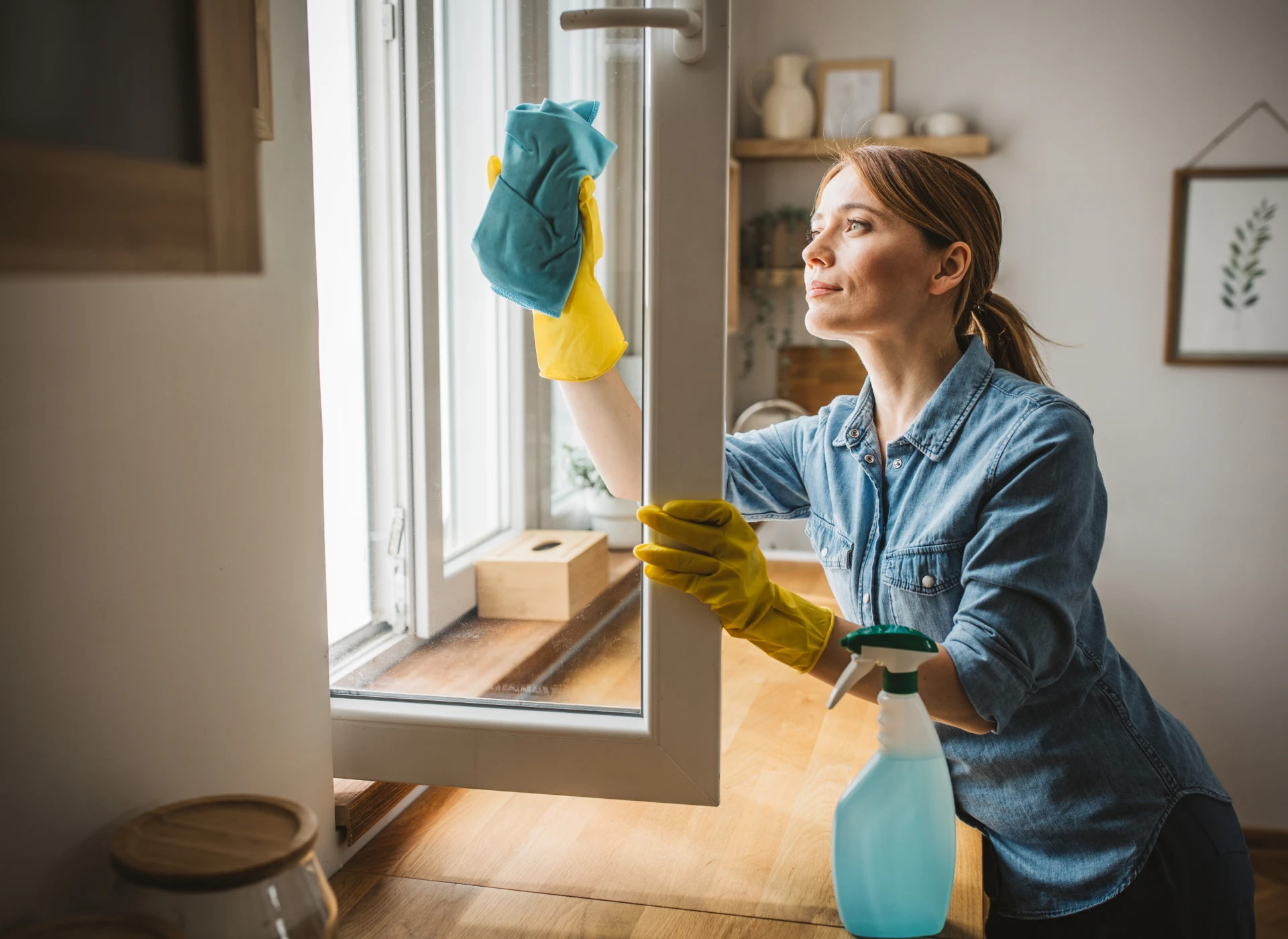 Window cleaning with yellow gloves